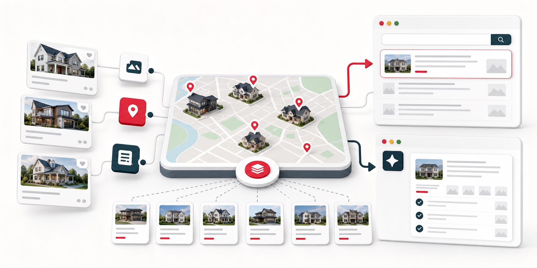 Illustration of neighborhood content pages and listing cards feeding search results and AI answer panels.