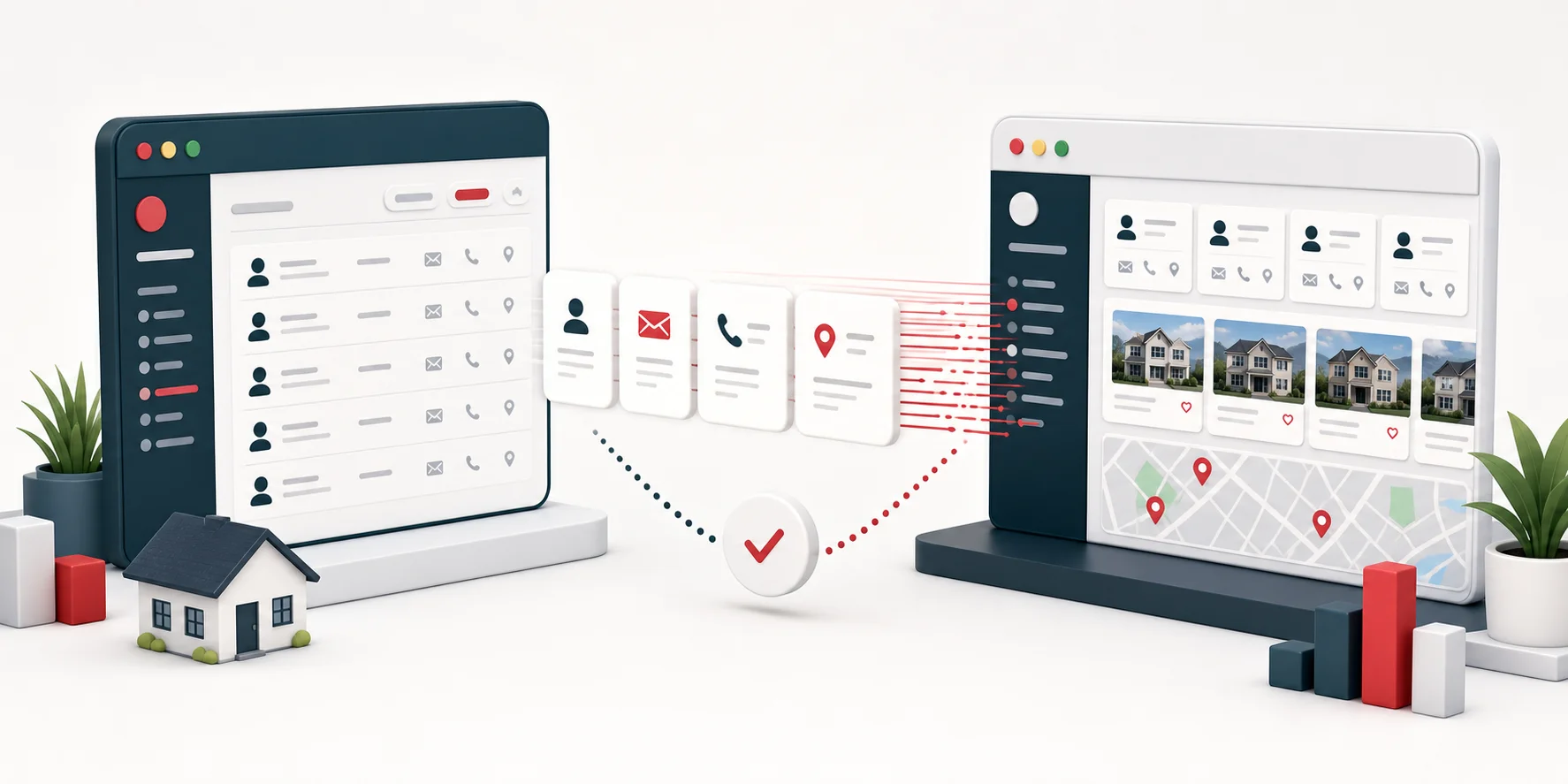 Illustration of real estate lead records moving cleanly from one CRM dashboard into another.